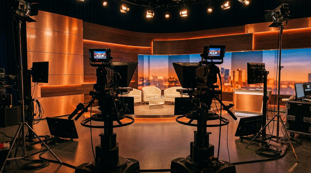 Kameramann an der Studiokamera vor dem Set