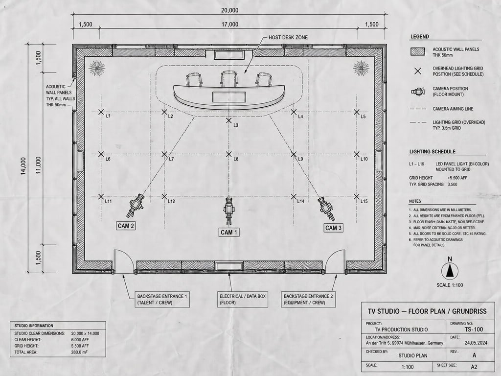 Grundriss des Studios, 20 mal 14 Meter, drei Kamerapositionen