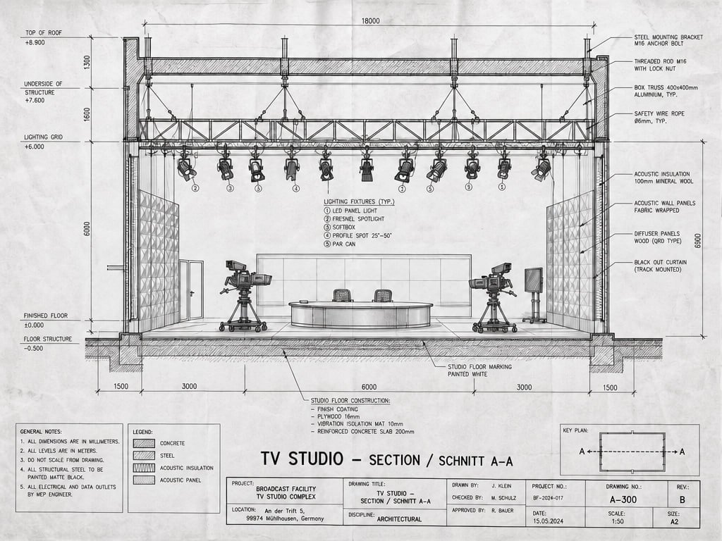 Schnitt A–A des Studios mit Lichtgrid und Akustikaufbau