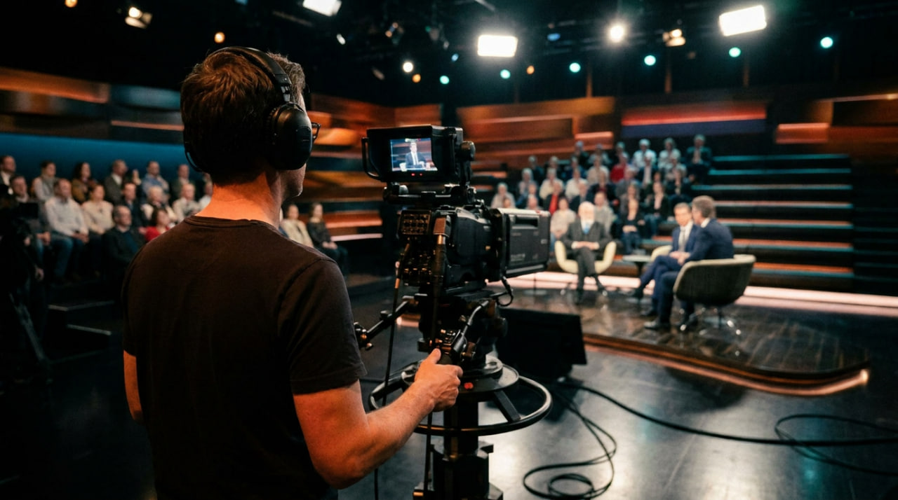 Technikerin richtet eine Studiokamera ein